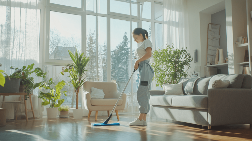 alx9641_A_woman_with_cleaning_uniform_cleaning_a_modern_bright__44ddc2a7-4a35-4ac7-92a1-fd17f462f142-min