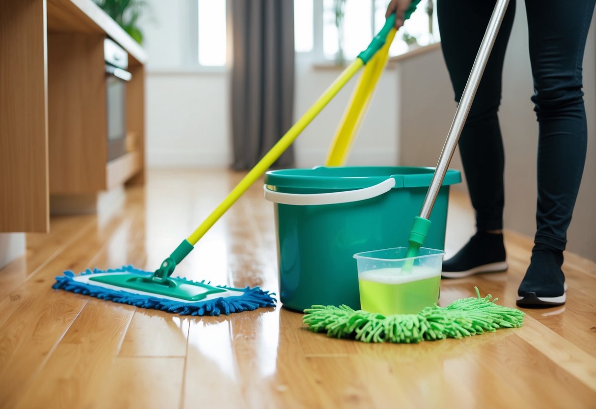 En hink, mopp och rengöringslösning står bredvid ett trägolv. En person visas som moppar golvet på ett metodiskt sätt.