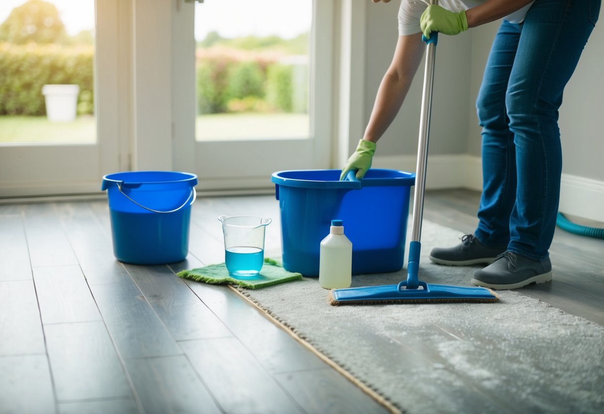 En mopp, en hink och rengöringslösning står bredvid ett set dammiga golvbrädor. En person böjer sig ner för att skrubba golvlisterna med en borste.