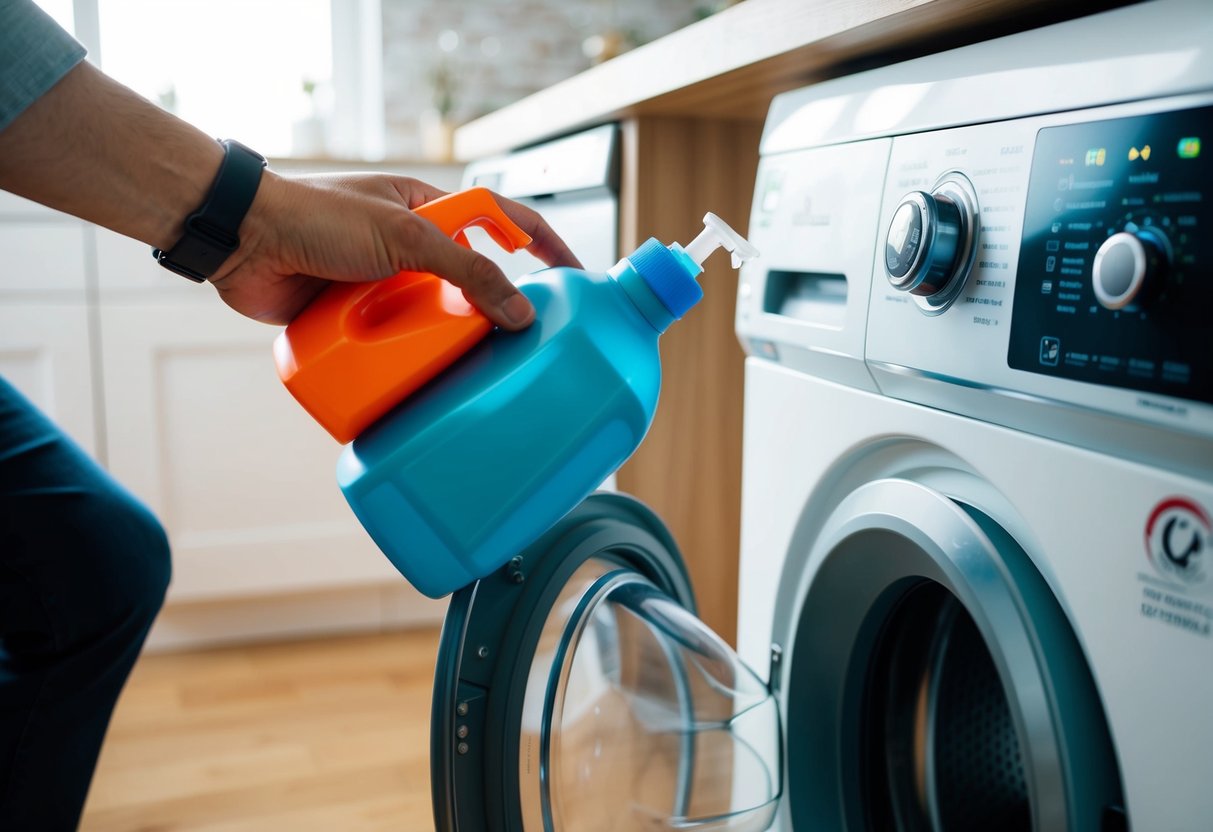 En person häller tvättmedel i en tvättmaskin och trycker på startknappen