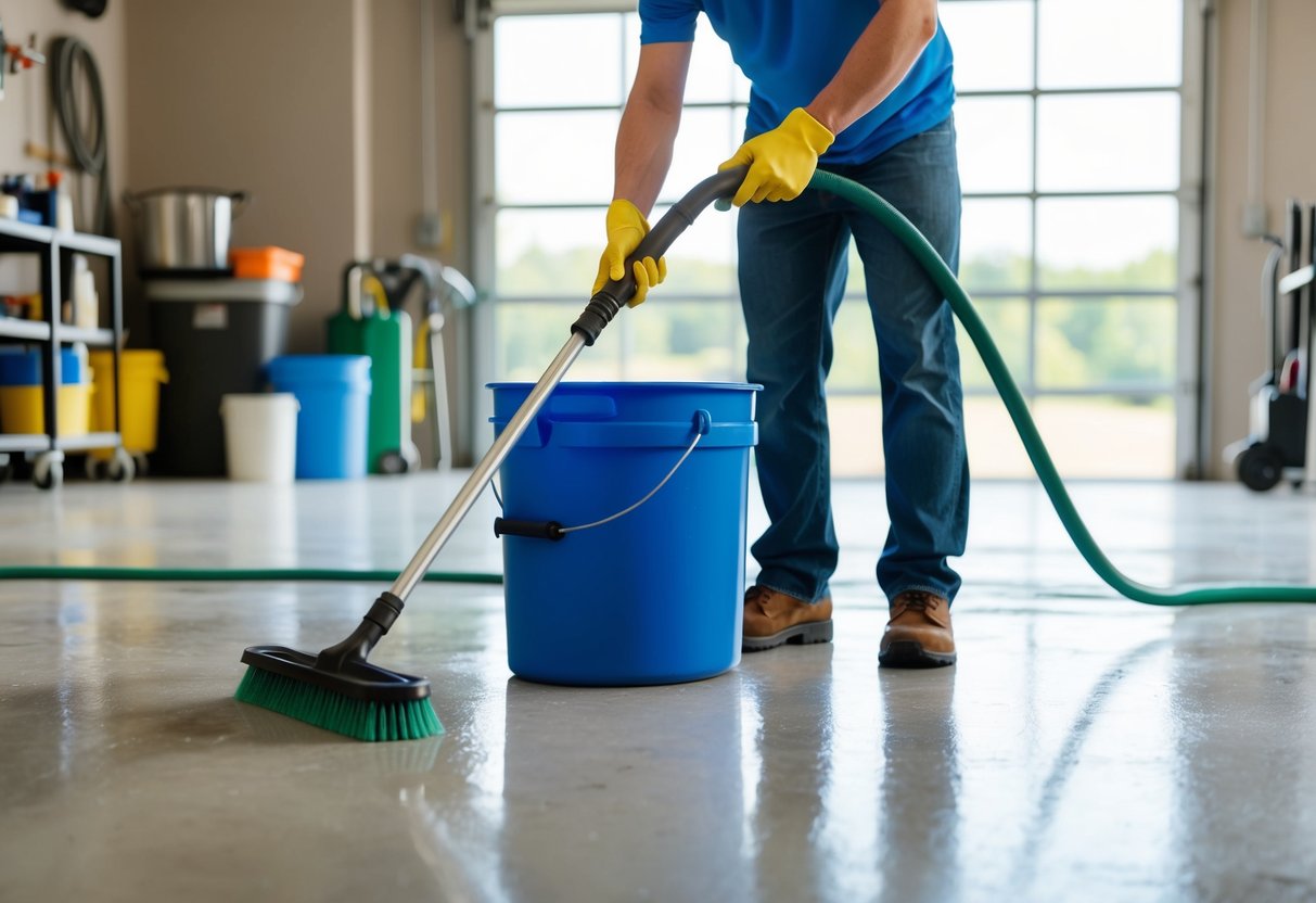 En person som använder en skrubbborste för att rengöra fogarna mellan plattorna på ett köksgolv. En hink med såpavatten och en trasa ligger i närheten.