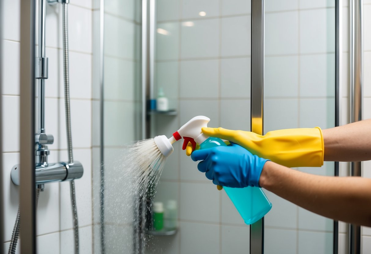 En person som rengör en duschkabin med en skrubbborste och sprayflaska, tar bort tvålrester och vattendroppar