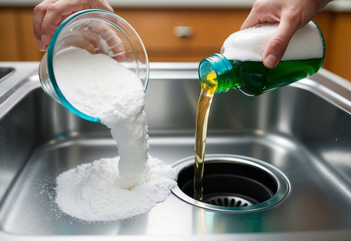 Bakpulver hälls i en igensatt avlopp, följt av vinäger, vilket orsakar en skummande reaktion