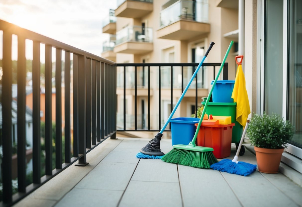 En balkong med 9 steg för att städa: sopa, organisera och rengöra