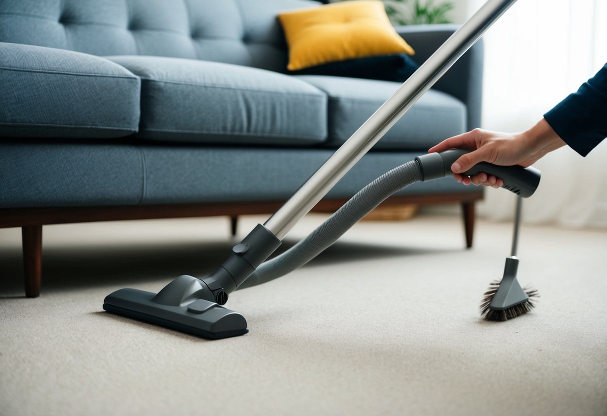 En dammsugare med ett långt, smalt tillbehör som når under en låg soffa, medan en hand håller en dammtrasa för att nå de återstående fläckarna