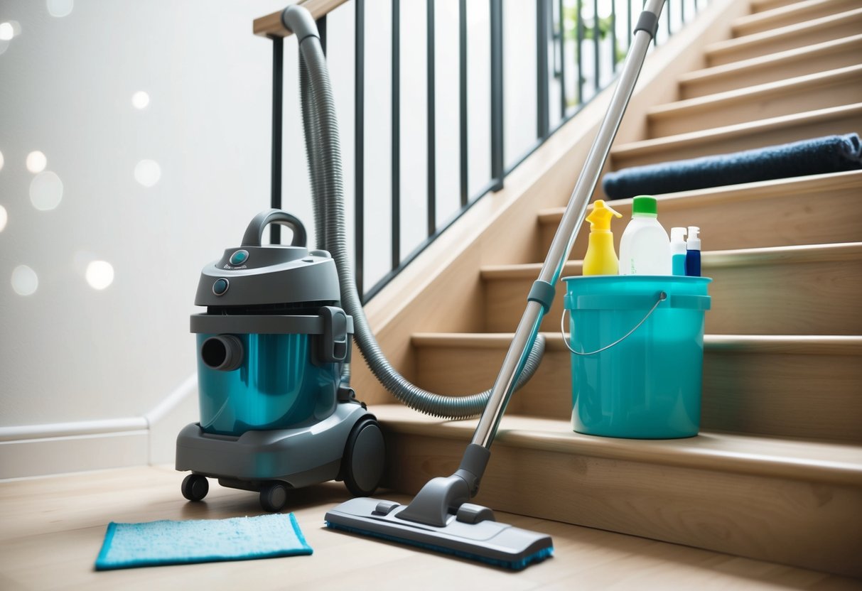 En dammsugare och mopp på en trappa, med en hink med rengöringsmedel i närheten