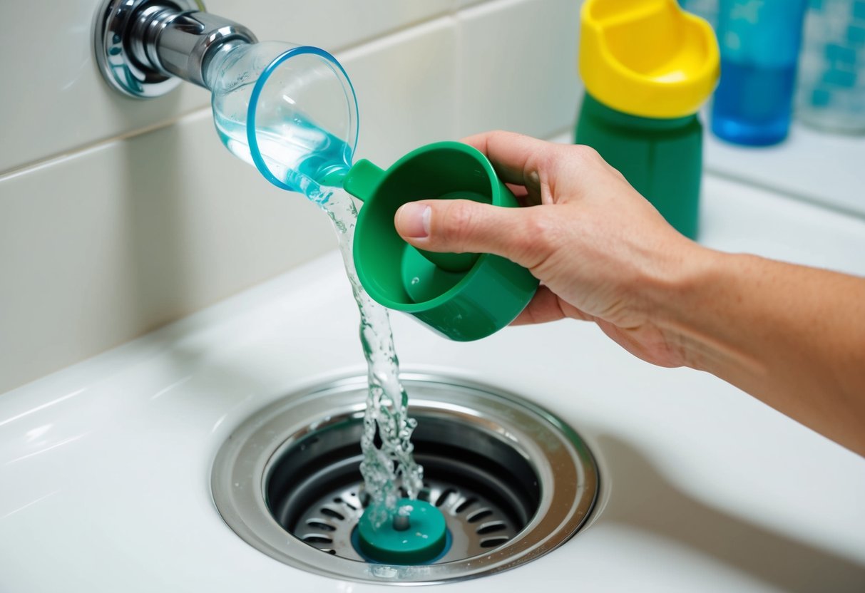 En hand häller rengöringslösning i duschavloppet, använder en kolv för att rensa blockeringen, och vattnet rinner fritt ner i avloppet.