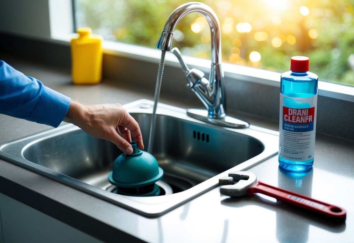 En hand som sträcker sig efter en igensatt diskho med en kolv i närheten, en flaska avloppsrensare och en skiftnyckel på bänken