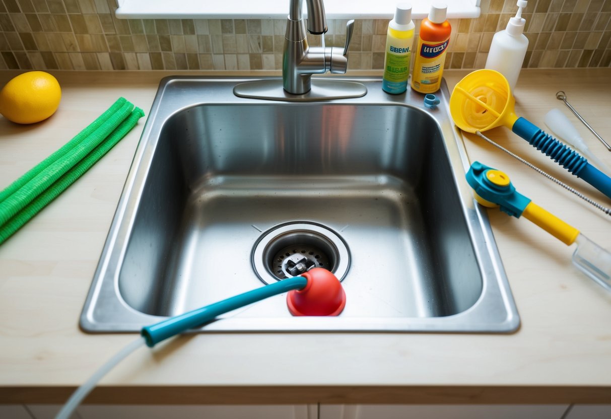 En köksdisk med en igensatt avlopp, omgiven av en kolv, avloppsorm och rengöringsprodukter
