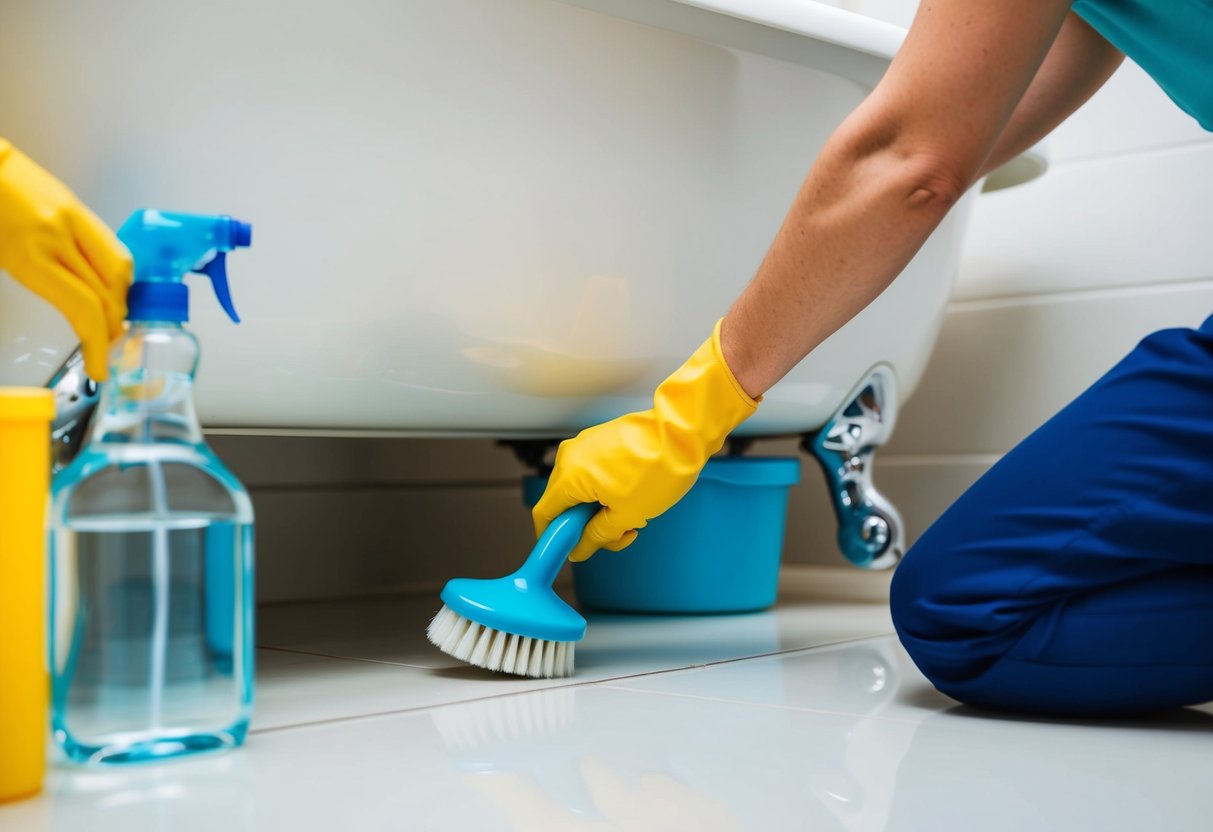 En person som använder en skrubborste för att rengöra under ett badkar, med städmaterial och vatten i närheten.