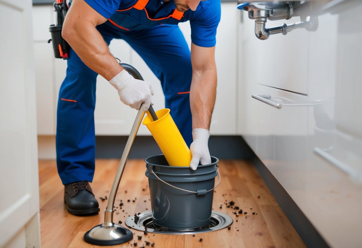 En rörmokare som noggrant demonterar och rengör ett vaskavlopp med en skiftnyckel och en borste