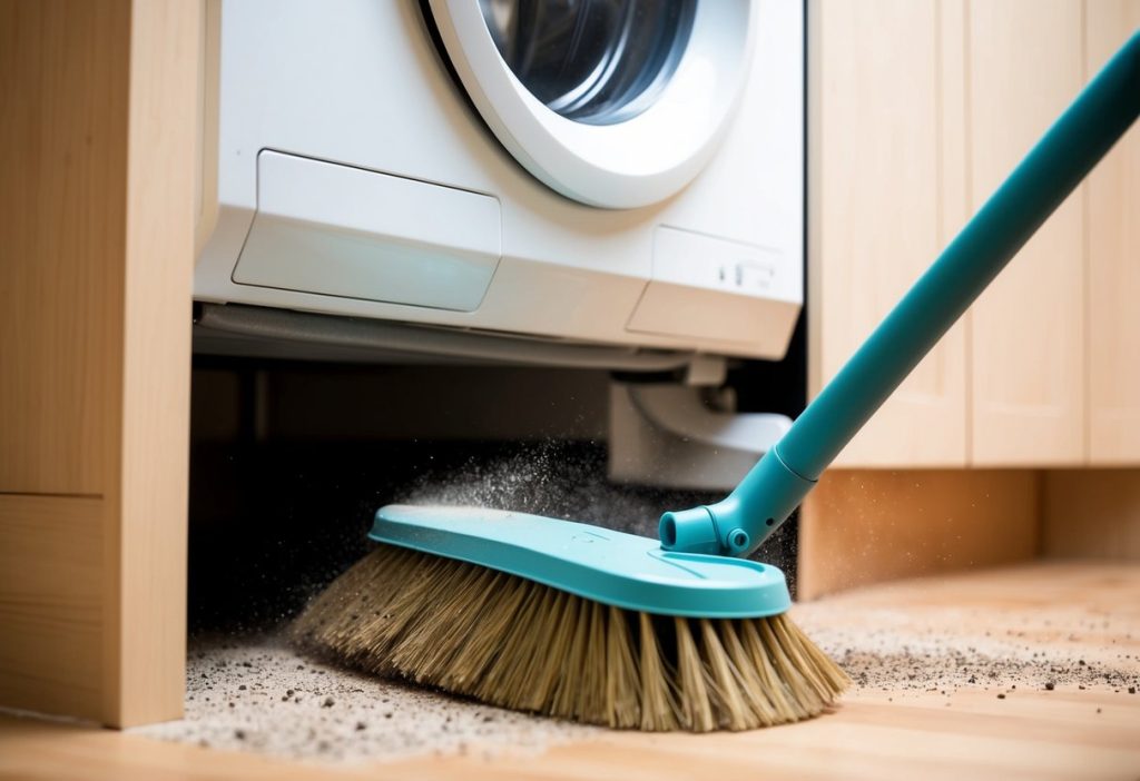 en-sopborste-som-sveper-under-en-tvattmaskin-damm-och-skrap-som-rensas-bort-i-snabba-effektiva-rorelser En sopborste som sveper under en tvättmaskin, damm och skräp som rensas bort i snabba, effektiva rörelser
