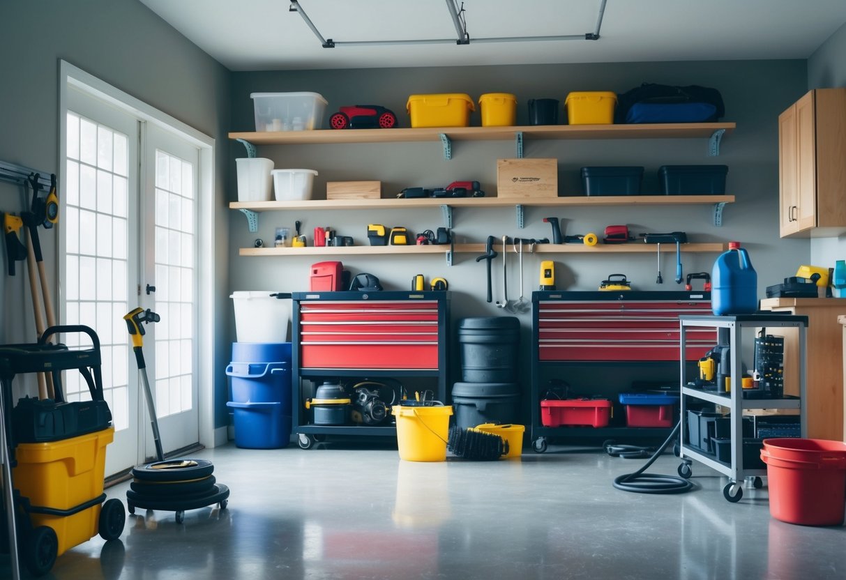 Ett rörigt garage som blir grundligt organiserat och städat, med verktyg och utrustning prydligt arrangerade och hyllor som torkas av