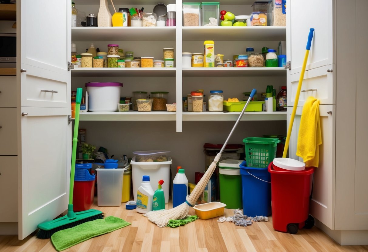 Ett rörigt skafferi med öppna hyllor, spillda ingredienser och oorganiserade behållare. En kvast, mopp och städmaterial är utspridda runtom.