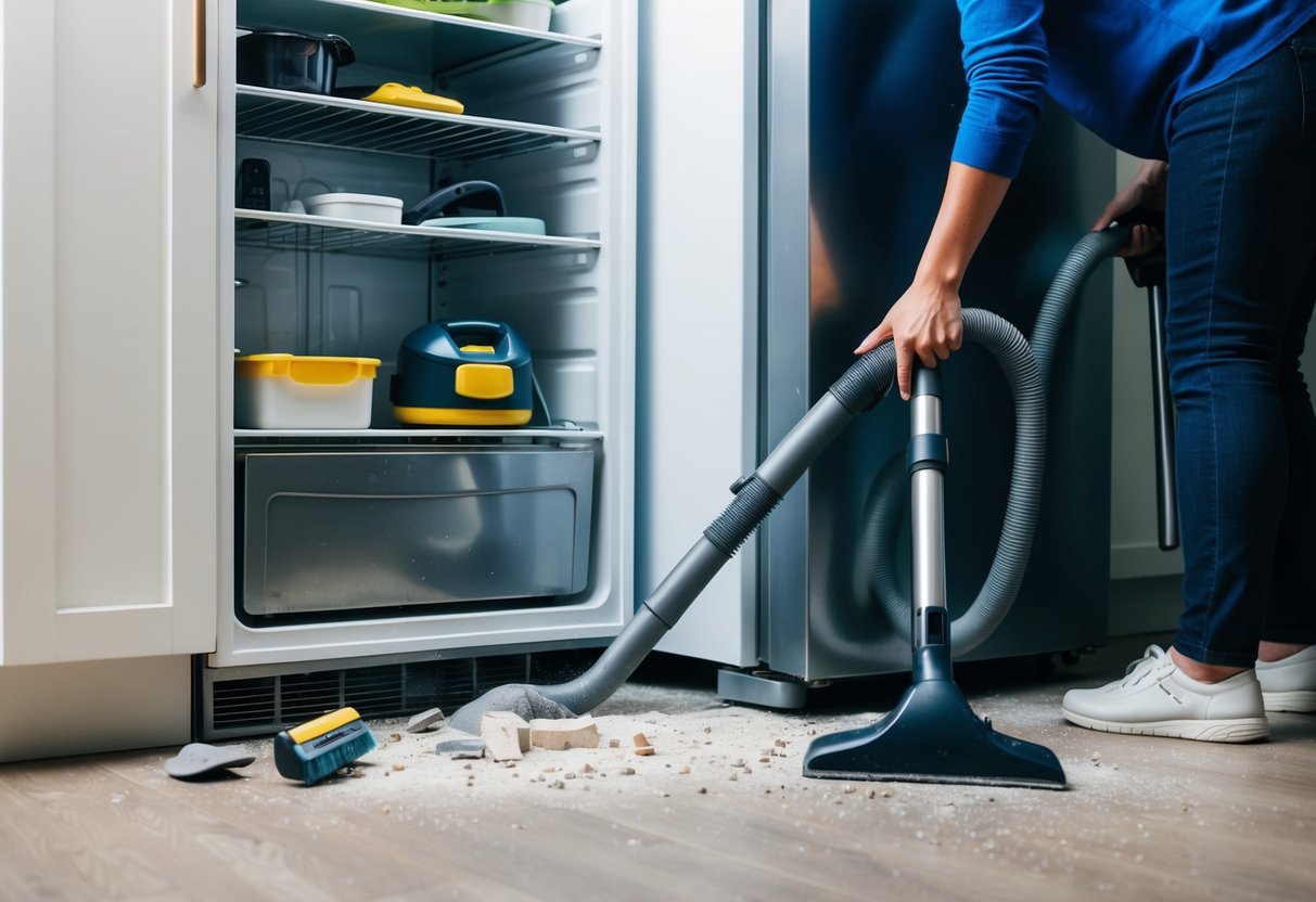 Ett rörigt utrymme bakom ett kylskåp, med damm och skräp utspritt runtom. En person sträcker sig in med en dammsugare och rengöringsverktyg.